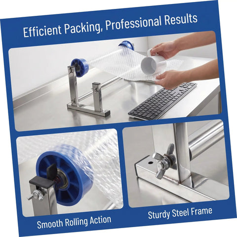 Manual Film Roll Holder For Cargo Wrapping, Lightweight Metal Plastic Unwinding Frame, Hand Operated Dispenser For Warehouse Storage, Stable, Easy Reel Changes, Keeps Wrapping Tight And Cargo Secure Through Heavy Packing, steel frame on table