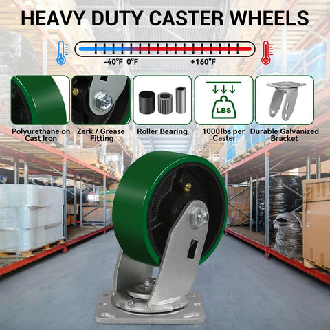 Industrial Swivel Caster Wheels Set Of 4 Heavy Duty Polyurethane Casters With 4000 Lb Load Capacity in warehouse setting
