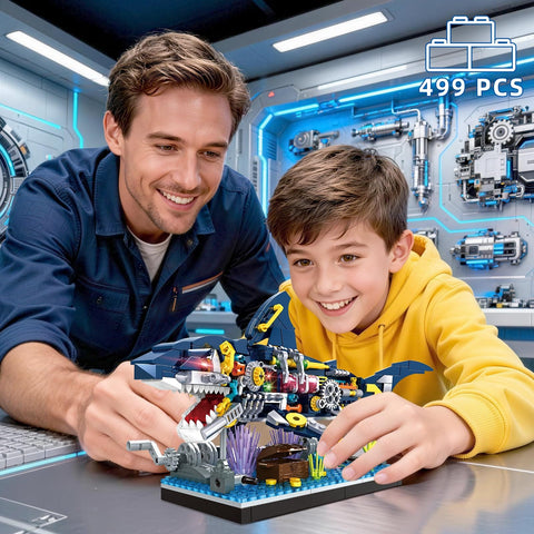 Adult and child assembling Semi Mechanical Shark Building Block Set With 499 Pieces For Ocean Landscape Creation