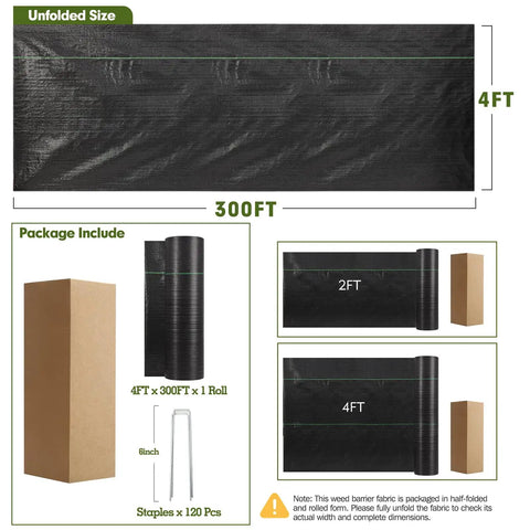 Heavy Duty Weed Barrier Landscape Fabric 4Ft Wide 300Ft Long With 120 U Shaped Securing Pegs Woven Ground Cover For Garden Beds And Driveways Weed Blocker Cloth For Durable Outdoor Landscaping showing fabric, roll, and pegs