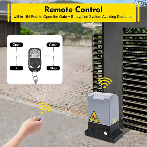 Heavy Duty Automatic Sliding Gate Opener Kit With 750W AC Motor And Two Remotes For Quick Smooth Driveway Access, person using remote