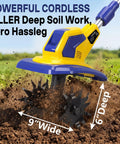 Cordless Garden Tiller Cultivator With 720 RPM Power, Dual 6.0Ah Batteries And Charger in action tilling soil, 9 inch wide, 6.6 inch deep