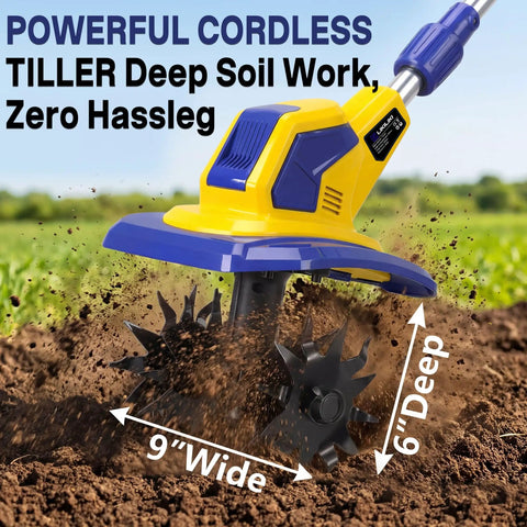 Cordless Garden Tiller Cultivator With 720 RPM Power, Dual 6.0Ah Batteries And Charger in action tilling soil, 9 inch wide, 6.6 inch deep