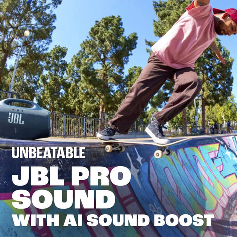 Hardest Hitting Portable Waterproof Speaker With Pro Sound And AI Boost at a skate park with skateboarder in the background.