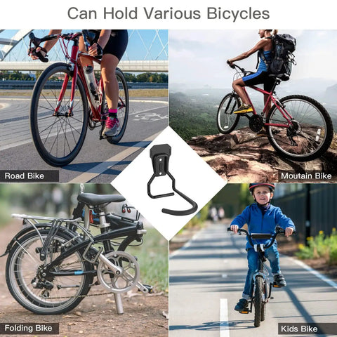 Heavy Duty Bike Wall Mount With Fixed Hook 2 Pack Iron Bike Hanger Brackets For Garage Vertical Storage Rack To Easily Hang And Detach Screws Included Sturdy Wall Mounting System For Secure Bike Storage holding various bicycles.