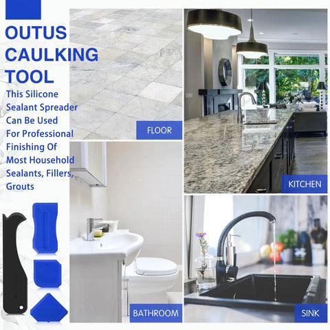 Collage showing uses of Four Piece Silicone Caulking Tool Set For Sealant Finishing And Grout Scraping in kitchen, sink, floor, and bathroom.