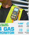 Person wearing a 4 Gas Meter For Confined Space With O2 CO H2S LEL Sensors Factory Calibrated With NIST Calibration on safety vest.