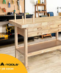 60 Inch Rubber Wood Workbench With Four Drawers Heavy Duty Portable Wood Work Table For Garage Workshop And Home Storage Supports Up To 450 Lbs Perfect For Tool Organization In Any Garage Or Workshop With A Durable Frame And Smooth Surface