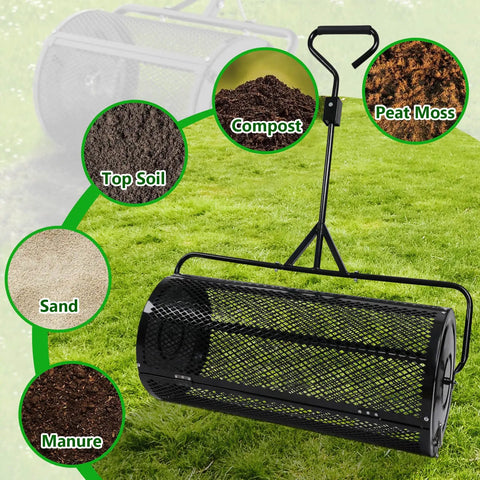No Brainer 44 Inch Push And Tow Compost Spreader With Durable Powder Coated Metal Mesh Roller on lawn