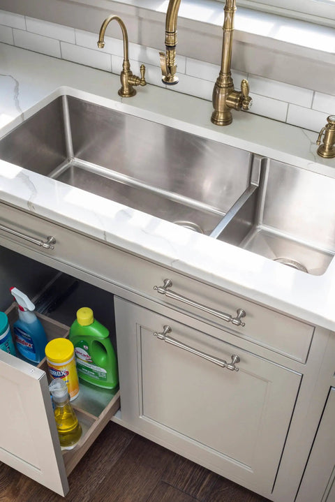 Kitchen cabinet with Transitional Satin Nickel Cabinet Pulls With 7 9/16 Inch Hole Centers, 6 Pack Zinc Alloy Drawer Handles visible.