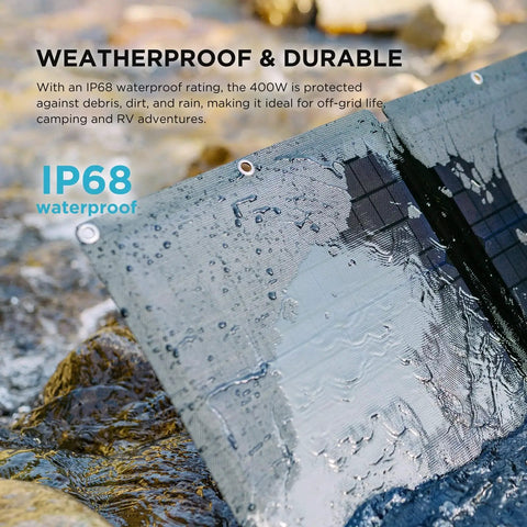 Close-up of IP68 waterproof 400W solar panel from On The Go Portable Solar Generator 120V 3.6kWh Delta Pro with water droplets.
