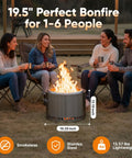 Smokeless Wood Burning Stove 19.5 Inch Stainless Steel Portable Outdoor Heater For Wood Charcoal And Pellet Fuel Sturdy Handles Fire Cover Fits 2 To 6 People Great For Backyard Picnics And Camping in outdoor setting with people enjoying fire