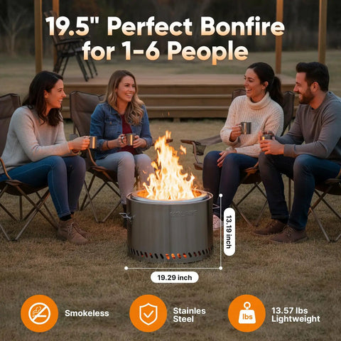 Smokeless Wood Burning Stove 19.5 Inch Stainless Steel Portable Outdoor Heater For Wood Charcoal And Pellet Fuel Sturdy Handles Fire Cover Fits 2 To 6 People Great For Backyard Picnics And Camping in outdoor setting with people enjoying fire
