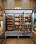 Rock Solid 72 Cubic Foot Commercial Reach In Fridge With Plug And Play Smart Wifi App Control 82 Inch showing bread and produce.