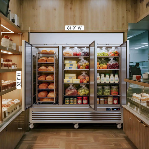 Rock Solid 72 Cubic Foot Commercial Reach In Fridge With Plug And Play Smart Wifi App Control 82 Inch showing bread and produce.
