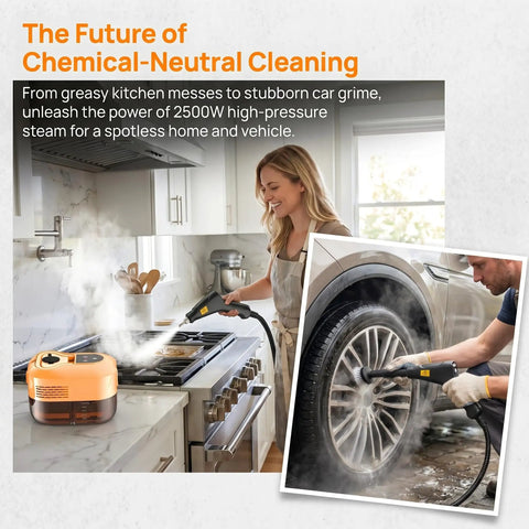Heavy Duty 2500W Handheld Steam Cleaner With 4.5 Bar High Pressure For Kitchens And Bathrooms, cleaning kitchen and car wheel.