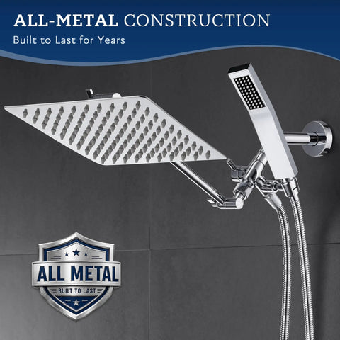All Metal 8 Inch Dual Square Rain Shower Head With Handheld Spray, Chrome Finish, on wall mount with 71 Inch Hose