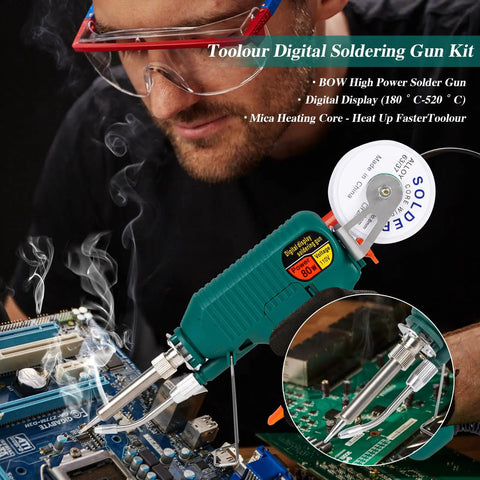 Person using 80W Soldering Gun Kit With Adjustable 180 To 520 C Temperature, LED Digital Display, Auto Tin Soldering Kit for electronics.