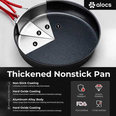 Durable Camping Cookware Set With Portable Pots And Pans For Outdoor Backpacking, Lightweight Hard Anodized Aluminum pan.