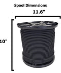 Side view of Three Eighths Inch Black Shock Cord Bungee Rope, 500 Ft Spool with dimensions 11.6" wide and 10" high.