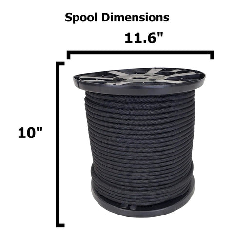 Side view of Three Eighths Inch Black Shock Cord Bungee Rope, 500 Ft Spool with dimensions 11.6" wide and 10" high.