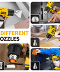 Cordless Heat Gun Kit With Dual Temp Up To 1022 F, 550 C, showcasing 5 different nozzles for versatile use in DIY crafts and more