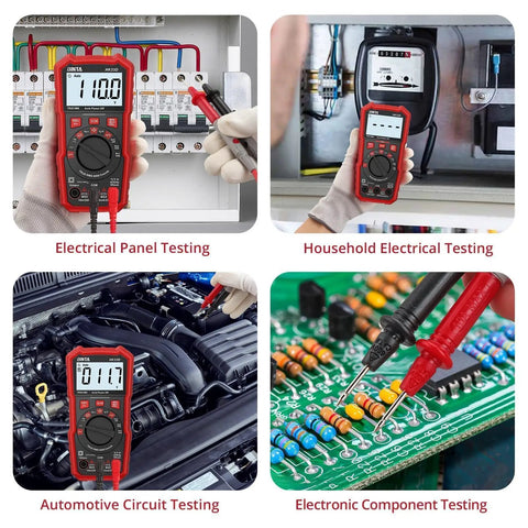 6000 Counts Auto Ranging Digital Multimeter With NCV Non Contact Voltage Tester shown testing electrical panels, household circuits, automotive circuits, and electronic components.