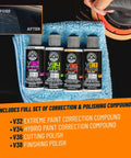 TorqX Random Orbital Polisher Kit With Pads, Polishes, And Compounds For Cars, Trucks, SUVs, And Motorcycles, 700W Motor, 8mm Orbit, All In One 9 Piece Detailing Set includes four bottles of polishing compounds on a microfiber cloth and a polisher