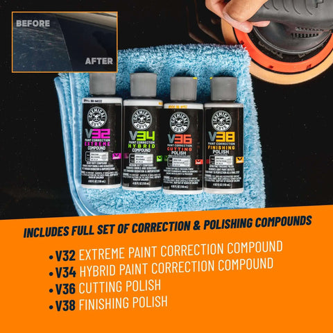 TorqX Random Orbital Polisher Kit With Pads, Polishes, And Compounds For Cars, Trucks, SUVs, And Motorcycles, 700W Motor, 8mm Orbit, All In One 9 Piece Detailing Set includes four bottles of polishing compounds on a microfiber cloth and a polisher