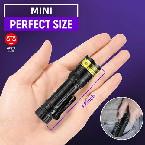 Pocket Sized Tiny But Mighty 395 Nm UV Flashlight USB C Rechargeable Black Light Mini Handheld in hand showing size