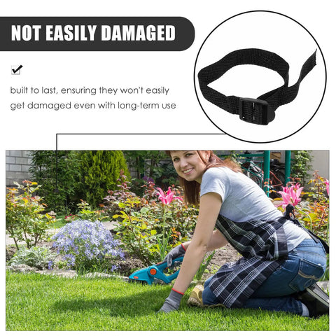 Woman using Lawn Aerator Shoes With Spikes 8 Pack Adjustable Garden Sandal Straps for soil aeration in a garden