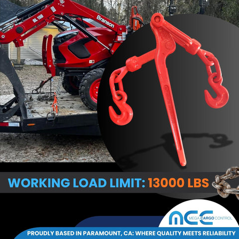 Heavy Duty Lever Snap Binders For Flatbed Trailers One Half To Five Eighths Inch Grade Seventy Transport Chains For Quick Cargo Securement Thirteen Thousand Pound Working Load Capacity Four Pack on trailer