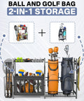Garage Sports Gear Organizer Ball Storage Stand For Indoor Golf Bags And Gear, Space Saving Rack with balls and golf clubs