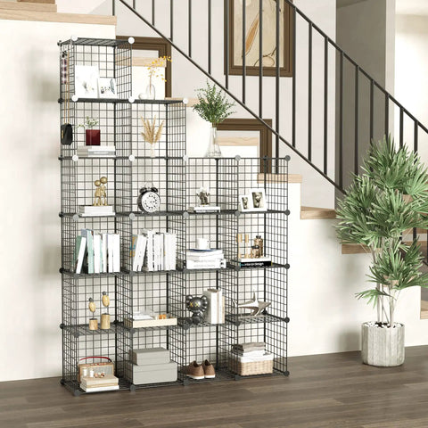 20 Cube Wire Grid Storage Organizer in Black Metal, a flexible modular shelving system for home use, tall 60.6 inch cabinet.