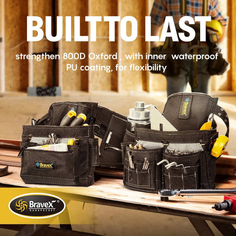 Heavy Duty Tool Belt With 20-Pocket Framer Vest, Yoke-Style Suspenders And Apron Combo on a workbench, black 1200D nylon material.