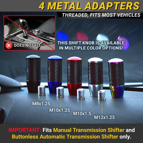 Sick Carbon Fiber Shift Knob With 4 Metal Threaded Adapters in multiple colors, fits various transmission types