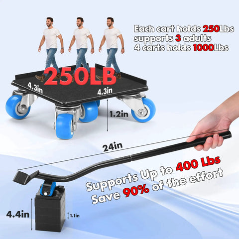Sturdy 5 Wheel Furniture Mover Set For Up To 1000 Pounds, Heavy Duty Metal Dolly With Lifter Tool And Appliance Sliders, Easy One Person Move, Leverage Lets You Move Heavy Stuff With No Sweat, Smooth Rolling Wheels, Blue Finish