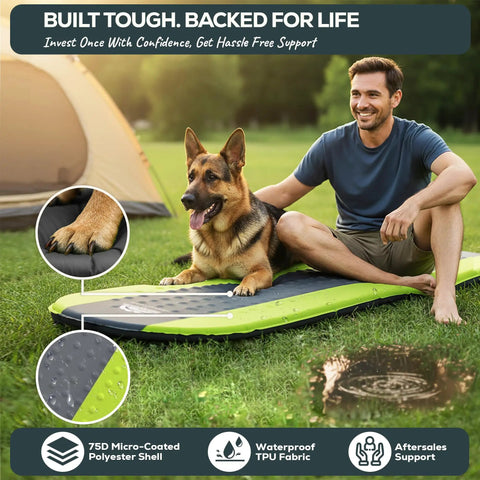Man with dog on All Season Self Inflating Camping Pad With 4.3 R-Value Insulated Foam, Lightweight Backpacking Air Mattress