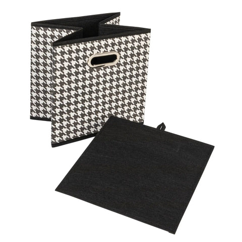 6-Pack Foldable Fabric Storage Bins featuring Fresh Houndstooth Pattern Reinforced Sides showing black and white houndstooth design and folded bin.