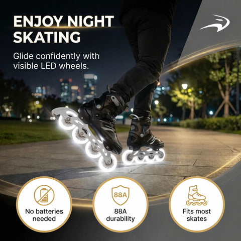 LazerWheelz Light Up Inline Skate Wheels for Indoor and Outdoor Use 80mm 88A White LED Replacement Wheels Set of 8 glow at night.