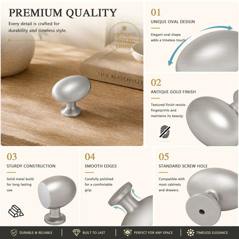 Premium 2 Pack Oval Cabinet Knobs And Drawer Pull Handles Featuring Slick Brushed Nickel Finish That Is Hella Anti Fingerprint Scratch Resistant Durable Solid Aluminum Hardware Upgrade on wooden surface.