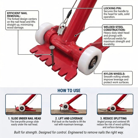 Pallet Buster Deck Wrecker Tool Heavy Duty Pry Bar For Pallets Flooring Wood Dismantling Manual Demolition Crowbar With Extra Long Handle For Maximum Leverage So You Pry Deck Boards Like A Boss; red steel head with nylon wheels