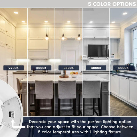 Kitchen displaying 4 Inch LED Disk Lights 6 Pack, Dimmable 10W Ceiling Fixtures, Color Tunable 2700K To 5000K with 5 CCT options.