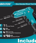 One-Handed Pop Rivet Gun Kit with 200 Rivets, 4 Drill Bits, and 4 Tool-Free Interchangeable Heads close-up view