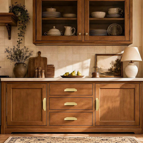 Top Shelf Gold Drawer Pulls 2 Pack 5.5 Inch Cabinet Handles Traditional Retro Kitchen Vanity Hardware Solid Aluminum on wooden cabinets.