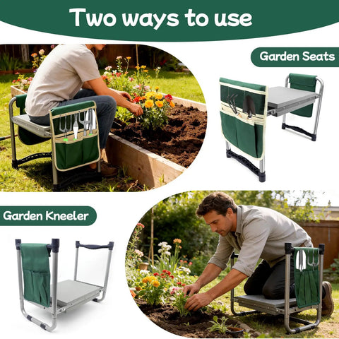 Heavy Duty Garden Kneeler And Seat With 11.5 Inch Wide Pad, Foldable Stool With Dual Tool Bags in use for gardening