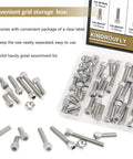 58 Piece Stainless Steel Hex Socket Head Cap Screws And Nuts Set 1/4-20 Thread Includes 1/2, 3/4, 1, 1-1/4, 1-1/2 Inch Lengths Fully Threaded 304 Stainless Hardware Kit For DIY Projects Automotive And Machinery in clear organizer box
