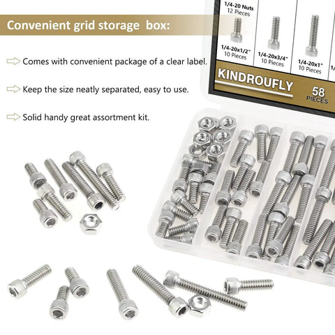 58 Piece Stainless Steel Hex Socket Head Cap Screws And Nuts Set 1/4-20 Thread Includes 1/2, 3/4, 1, 1-1/4, 1-1/2 Inch Lengths Fully Threaded 304 Stainless Hardware Kit For DIY Projects Automotive And Machinery in clear organizer box