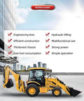 Compact Four Wheel Drive Backhoe Loader Tractor Mounted Digger with versatile attachments in an urban setting