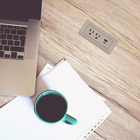 Radiant Furniture Power Center With USB And Recessed Power Strip Two Outlets Type A And Type C USB Ten Foot Cord Nickel Finish